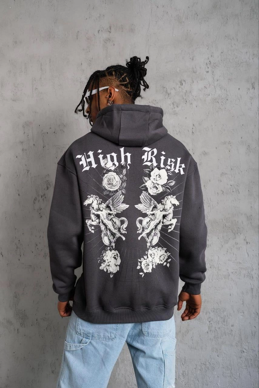Erkek Baskılı Kapşonlu üç iplik pamuklu Sweatshirt - Füme