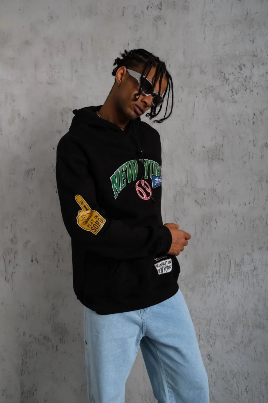 Erkek Baskılı Kapüşonlu üç iplik pamuklu Sweatshirt - Siyah