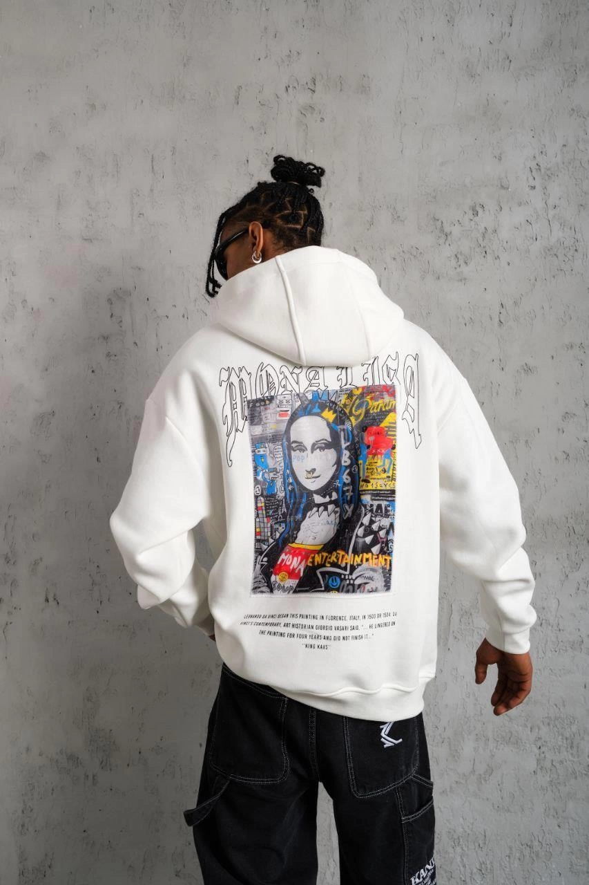 Erkek Baskılı Kapüşonlu ve Kanguru Cepli Sweatshirt hoodie - Beyaz