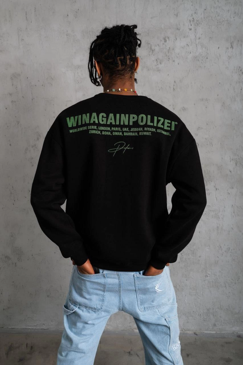 Erkek Oversize Sweatshirt Siyah | Ön ve Sırt Baskılı Üç İplik İçi Pamuklu Kalıp - Siyah