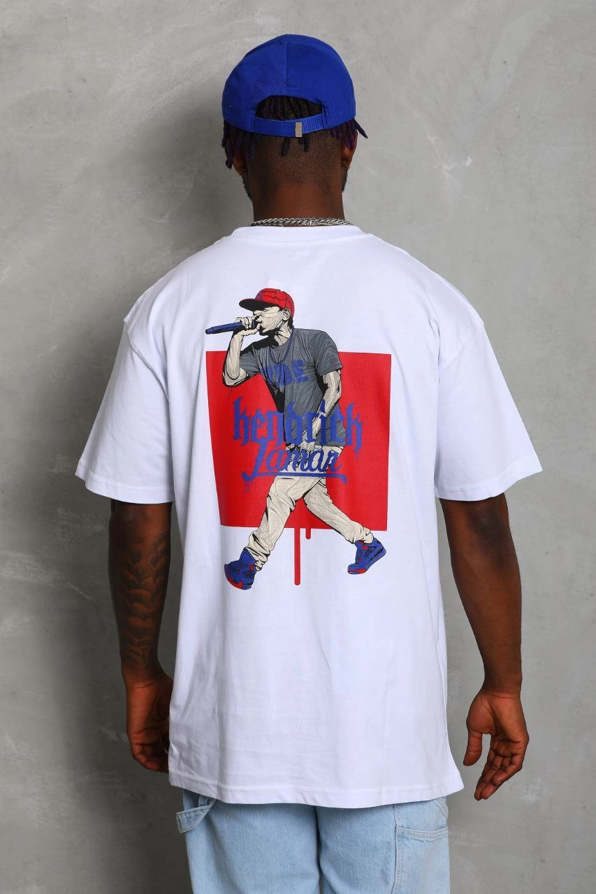 Erkek Baskılı Tişort Kısa Kol Bisiklet Yaka Ovarsize T-Shirt - Beyaz