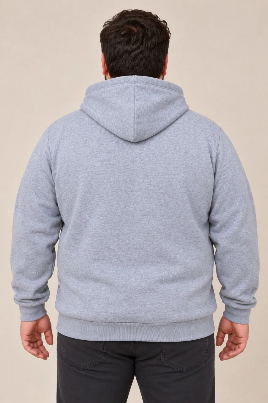 Erkek Battal Büyük Beden Üç İplik İçi Şardonlu Kapüşonlu Kanguru Cepli Kışlık Sweatshirt - Gri