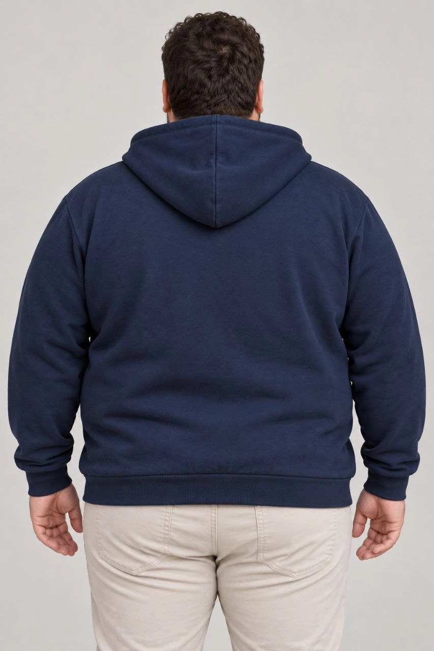 Erkek Battal Büyük Beden Üç İplik İçi Şardonlu Kapüşonlu Tam Fermuarlı Kışlık Sweatshirt - Lacivert
