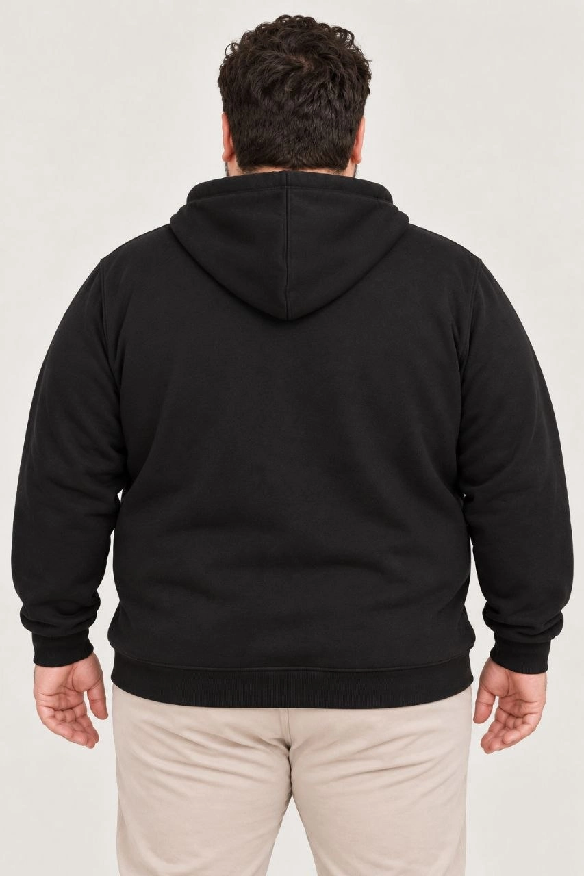 Erkek Battal Büyük Beden Üç İplik İçi Şardonlu Kapüşonlu Tam Fermuarlı Kışlık Sweatshirt - Siyah