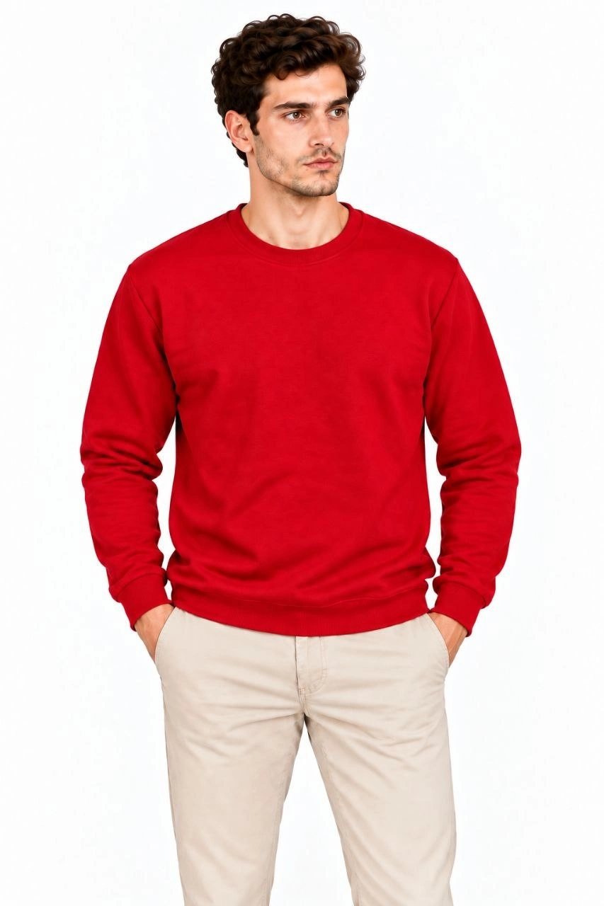 Erkek Bisiklet Yaka İçi Şardonlu 2 İplik Düz Uzun Kollu Regular Fit Sweatshirt - Kırmızı