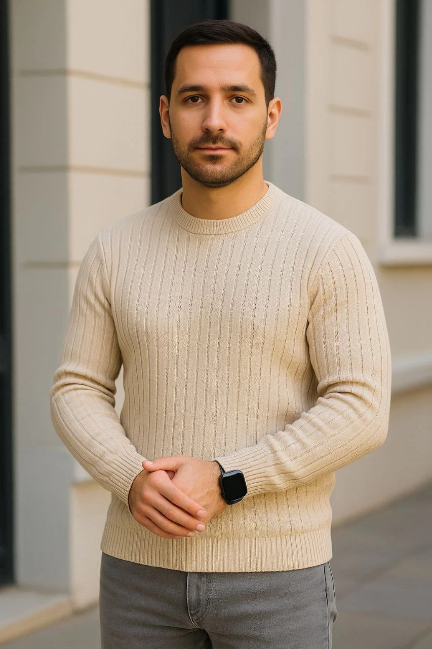 Erkek Bisiklet Yuvarlak Yaka Triko Kazak Pamuklu Kalın Fitilli Dokuma Regular Fit - Bej