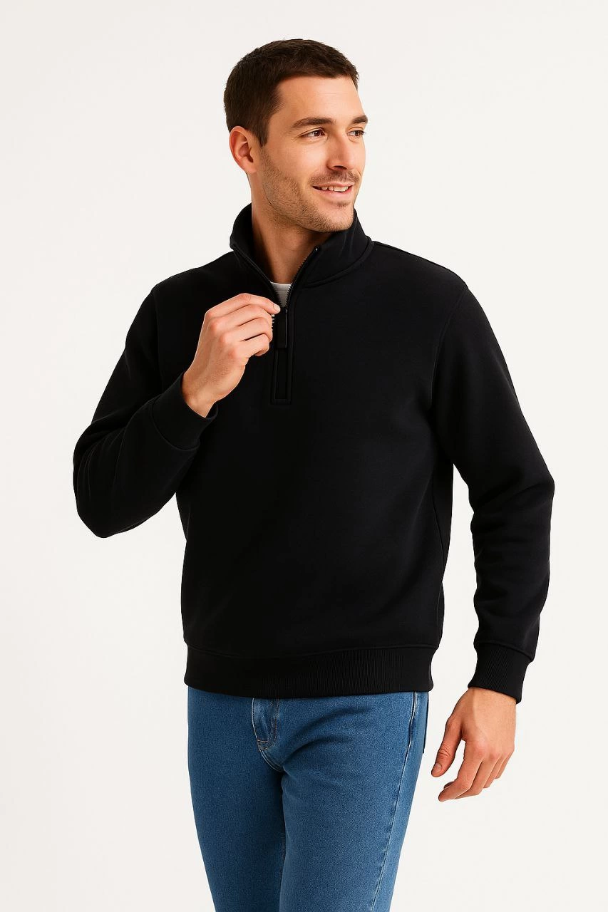 Erkek Dik Yaka Sweatshirt Dik Yaka Yarım Fermuarlı 3 İplik Pamuk Kumaş - Siyah