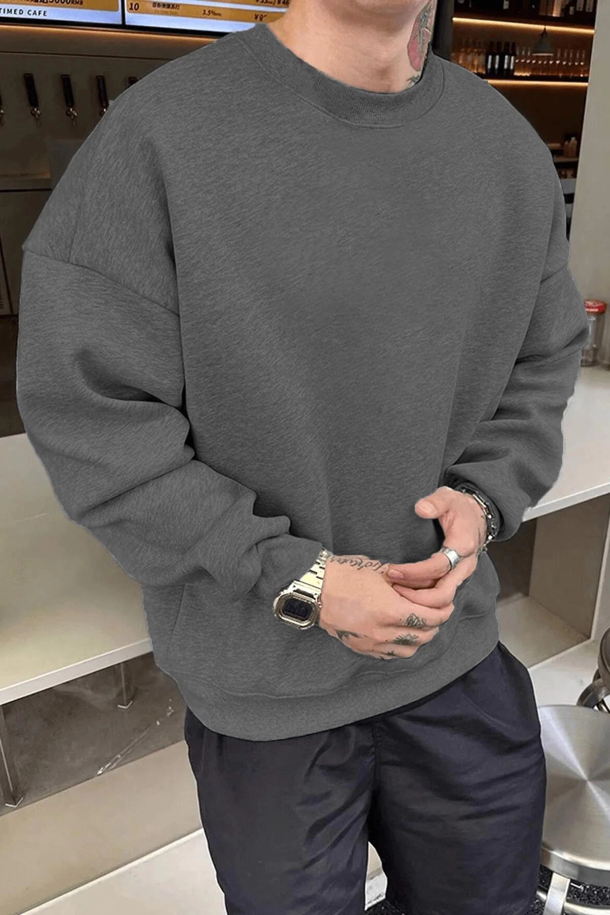 Erkek Düz Bisiklet Yaka üç iplik pamuklu sweatshirt - Füme