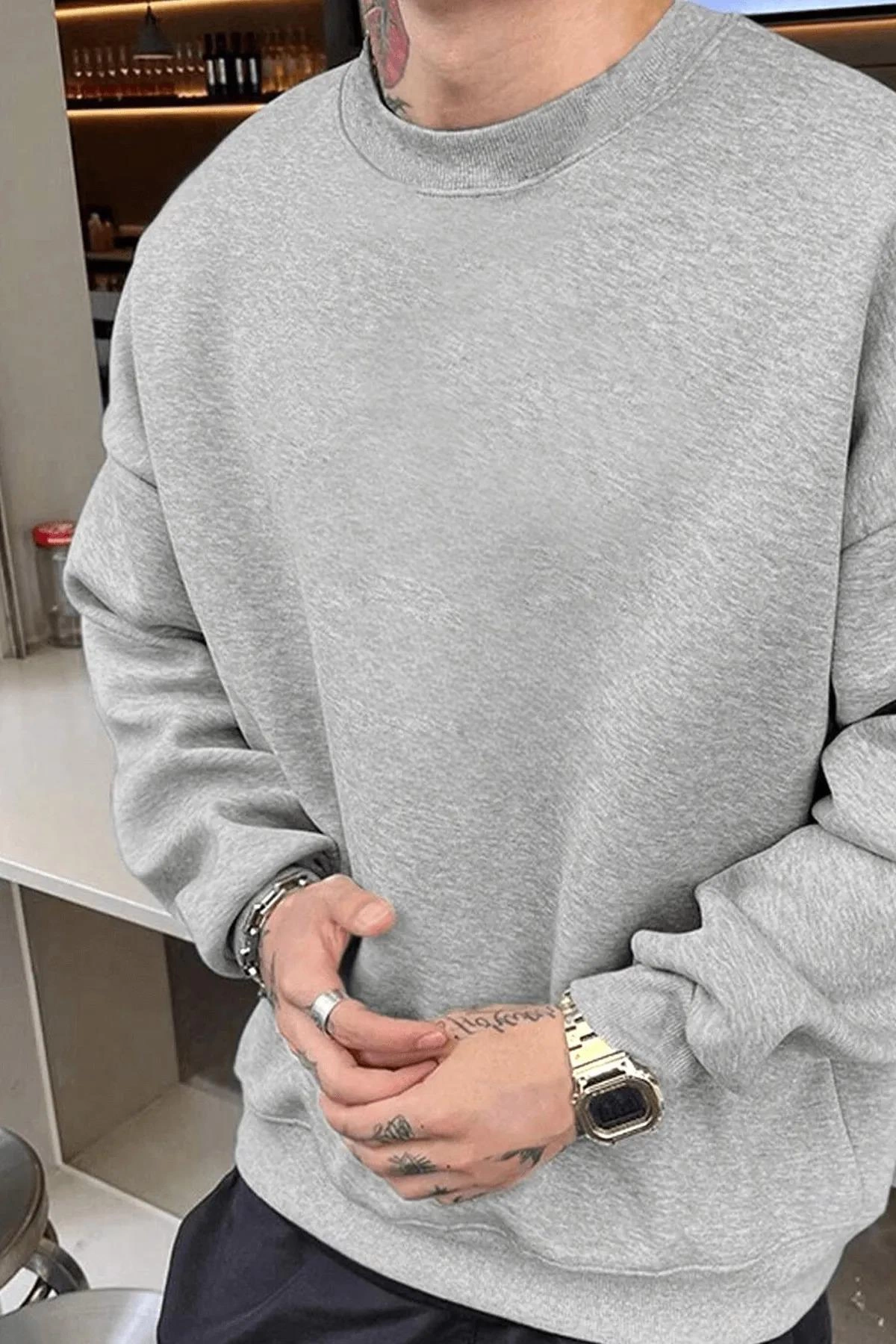 Erkek Düz Bisiklet Yaka üç iplik pamuklu sweatshirt - Gri