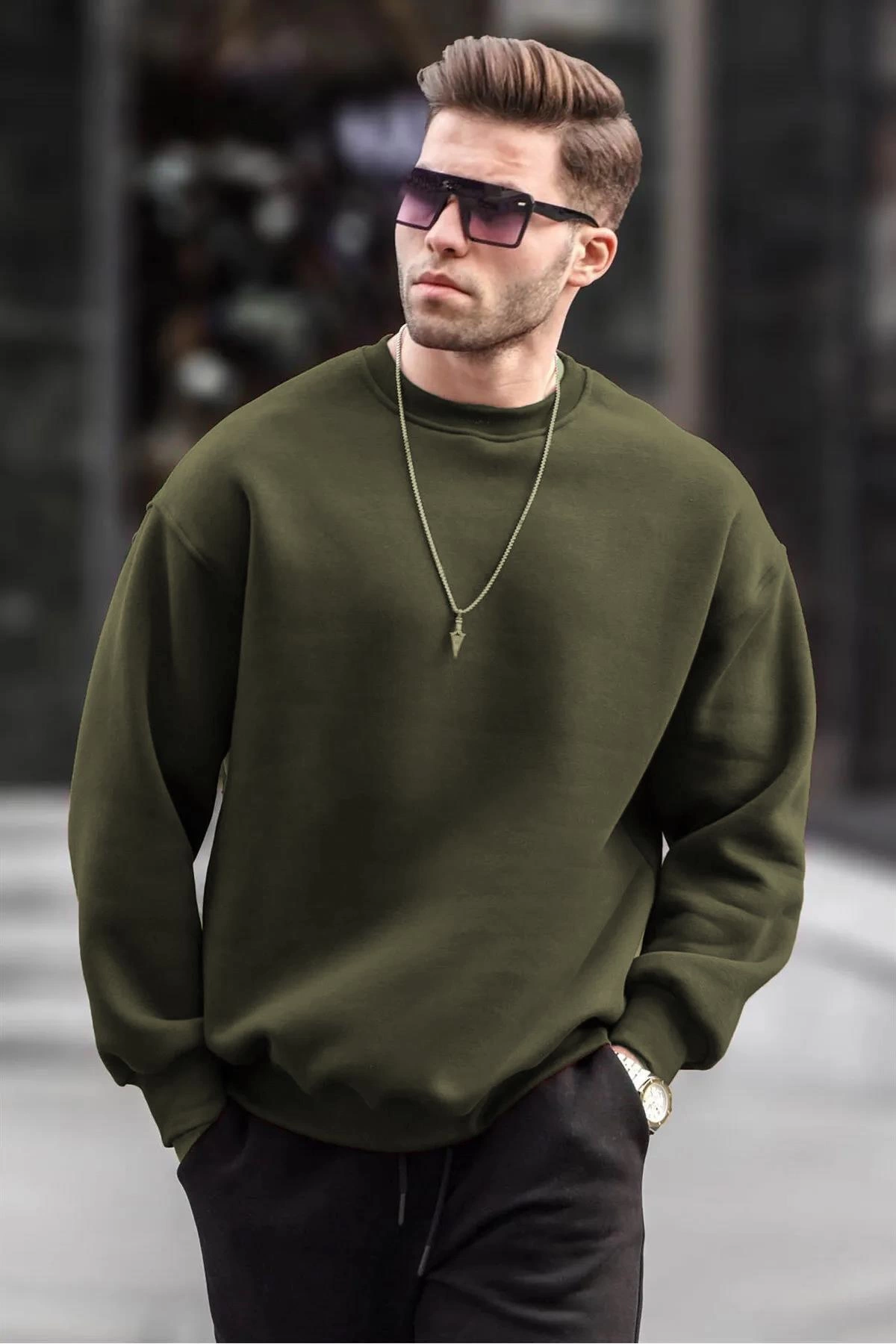 Erkek Düz Bisiklet Yaka 3 İplik Sweatshirt - Yeşil
