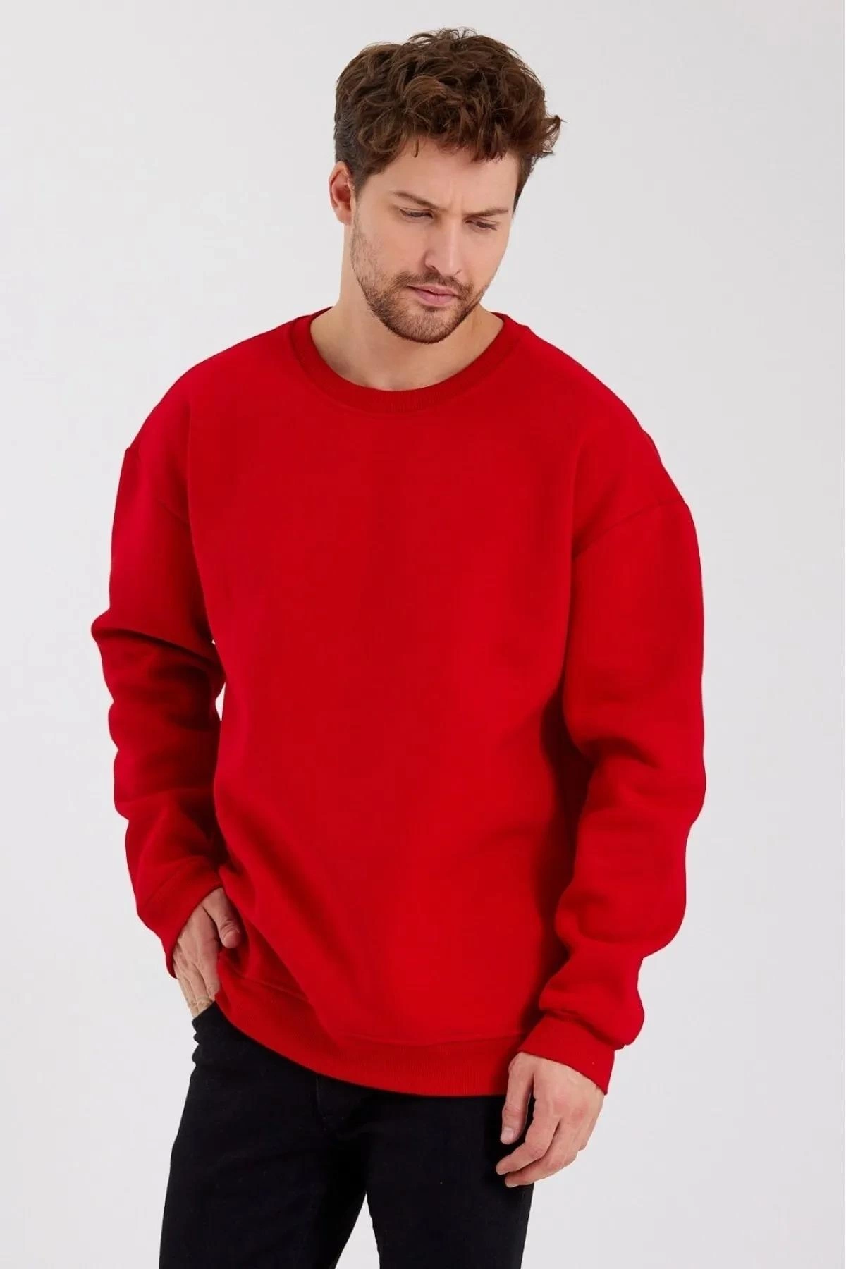 Erkek Bisiklet Yaka üç iplik Sweatshirt- Kırmızı