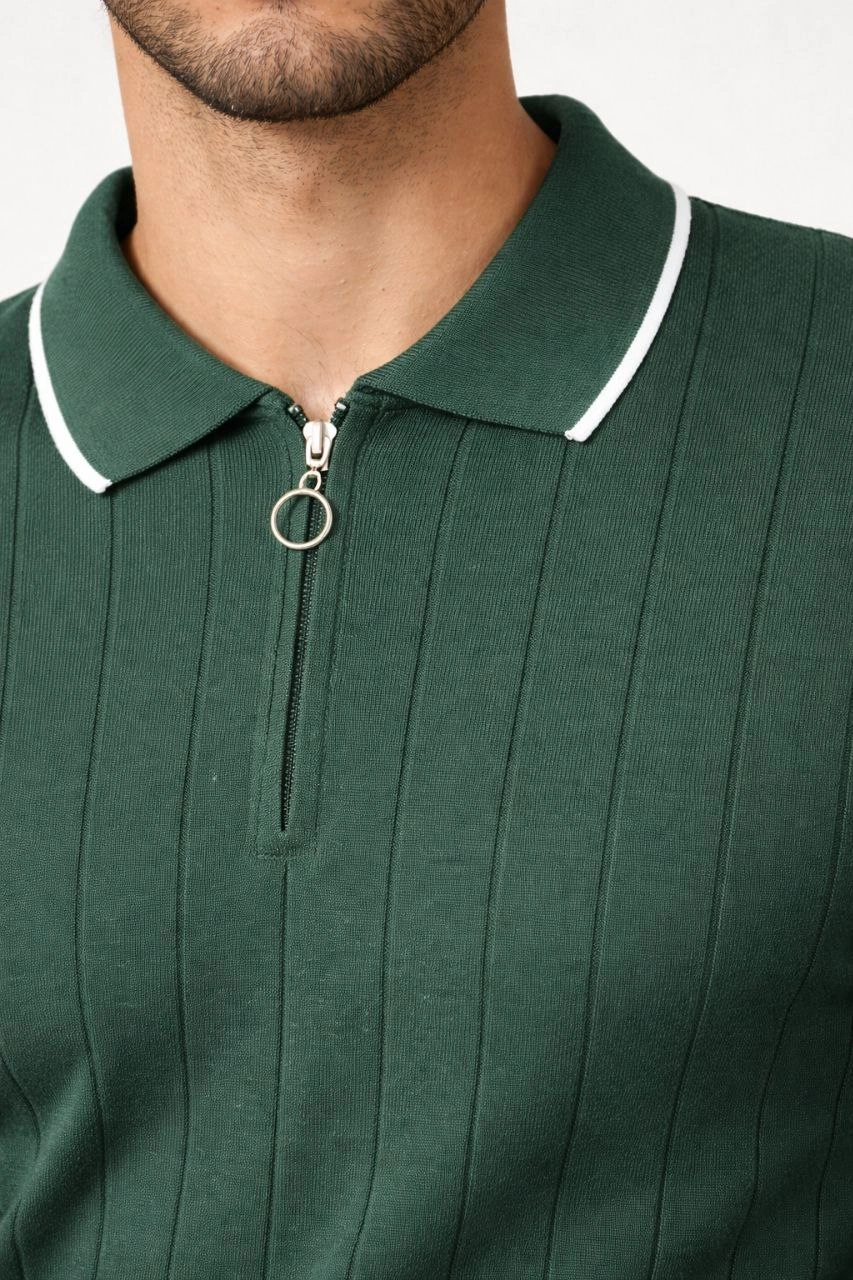 Erkek Fermuarlı Yaka Fitilli Triko Kısa Kollu Regular Fit Tişört T-shirt - Yeşil
