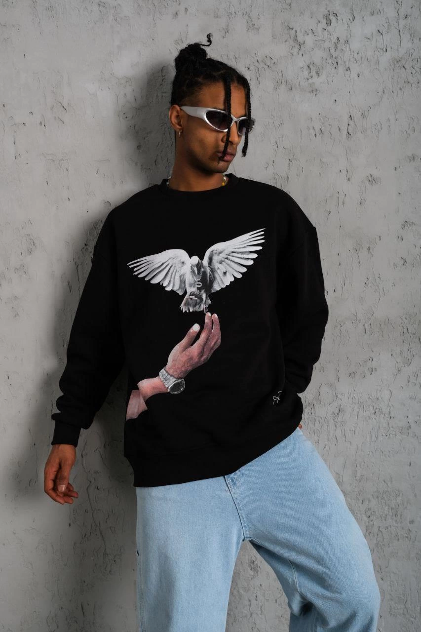 Erkek Güvercin Baskılı üç iplik pamuklu Sweatshirt - Siyah
