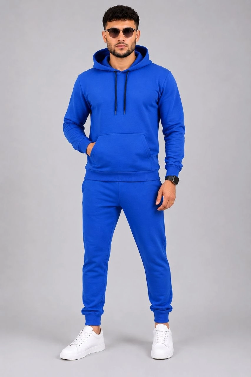 Erkek İki İplik Kapüşonlu Kanguru Cepli Sweatshirt Jogger Pantolon Alt Üst Eşofman Takımı -Saks Mavisi