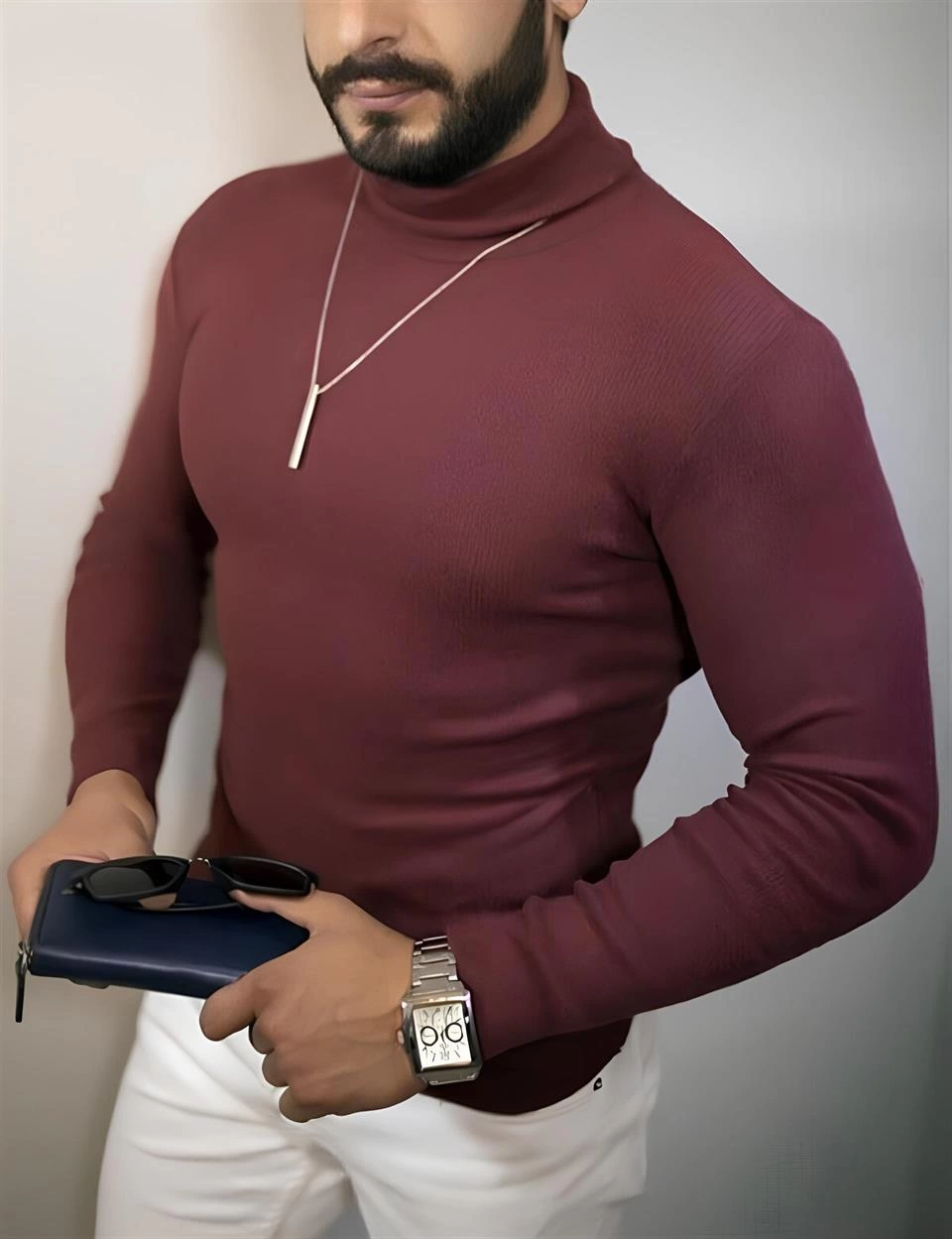 Erkek Tam Boğazlı Fitilli Kaşkorse Triko Likralı Extra Dar Kesim Slimfit Yumuşak - Bordo