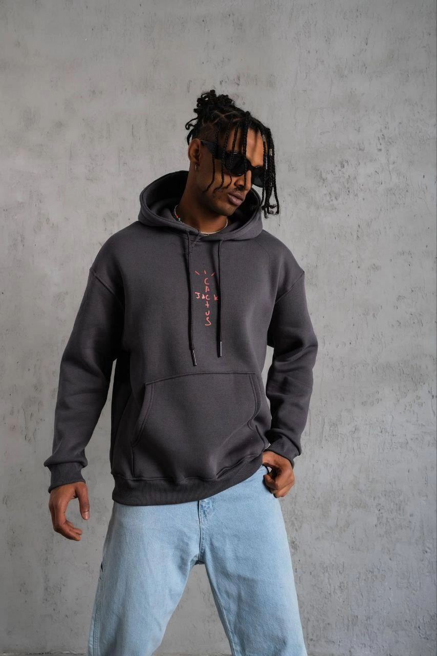 Erkek Kordonlu Arka Maske Kordon Saçlı üç iplik pamuklu Kapüşonlu sweatshirt - Füme