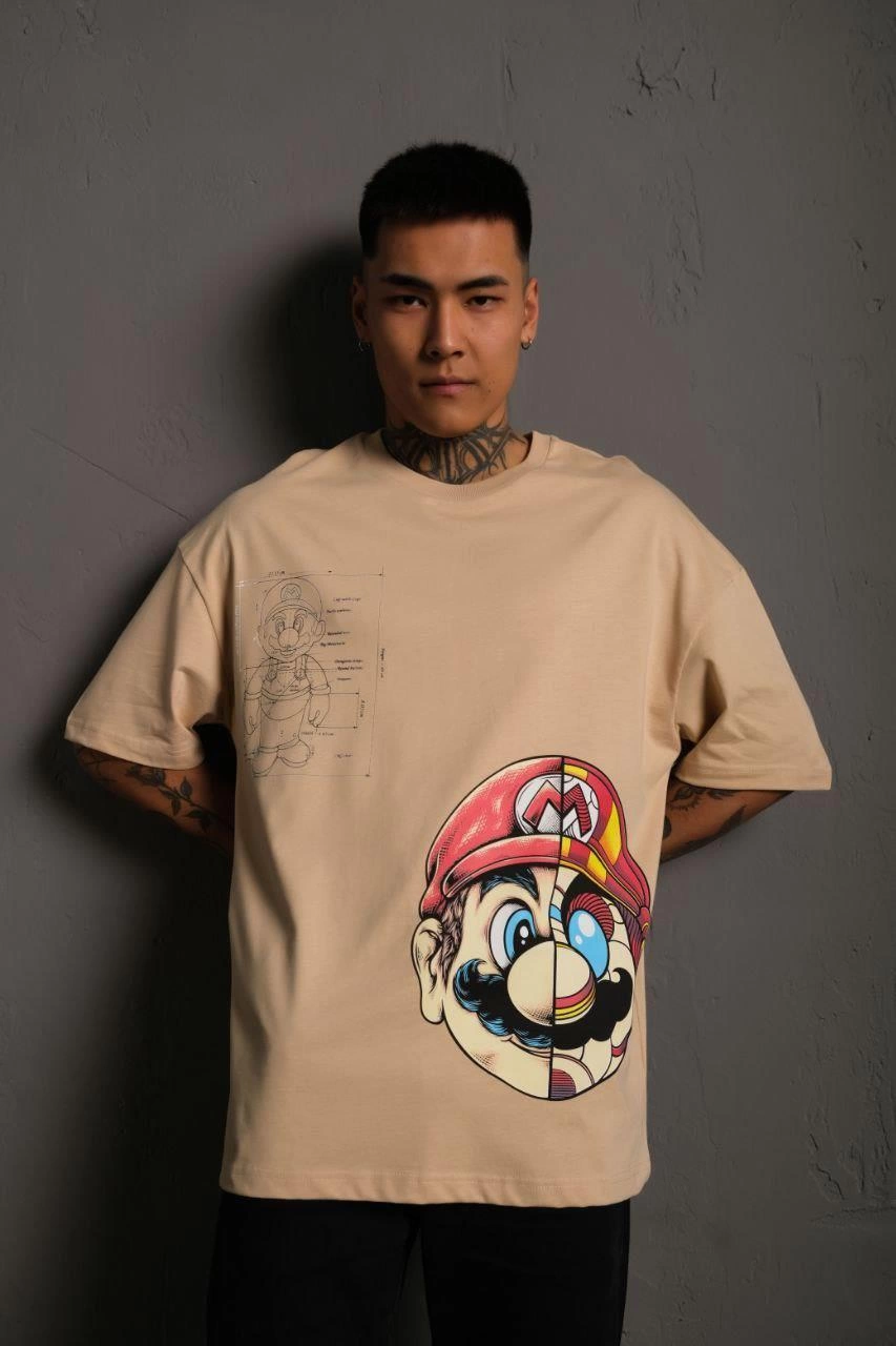Erkek Mario Baskılı T-Shirt Oversize Kısa kol Bisiklet yaka tişort - Bej