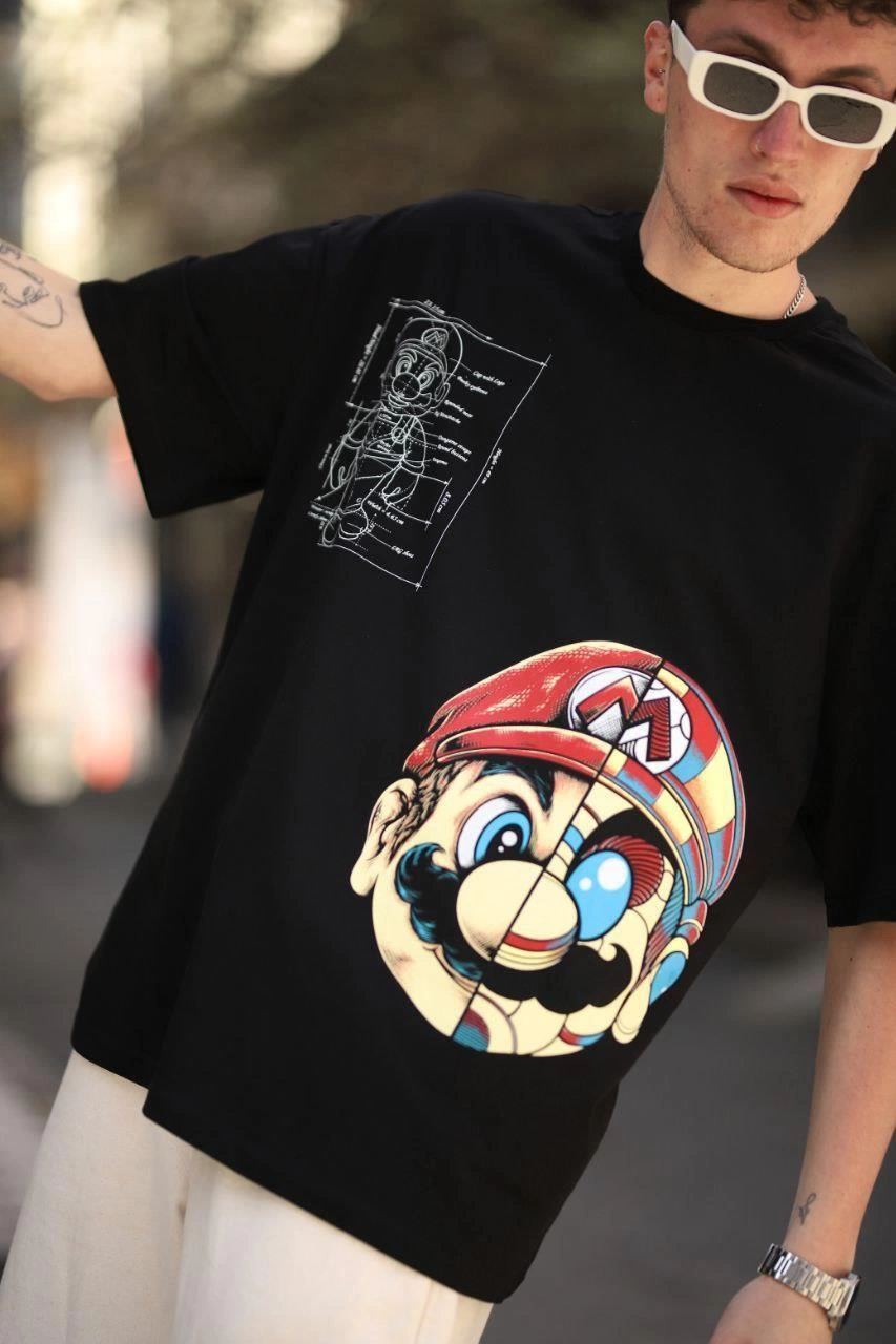 Erkek Mario Baskılı T-Shirt Oversize Kısa kol Bisiklet yaka tişort - Siyah