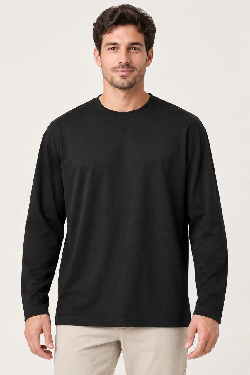 Erkek Modal Yumuşak Dokulu Bisiklet Yaka Uzun Kollu Tişört Sweatshirt - Siyah