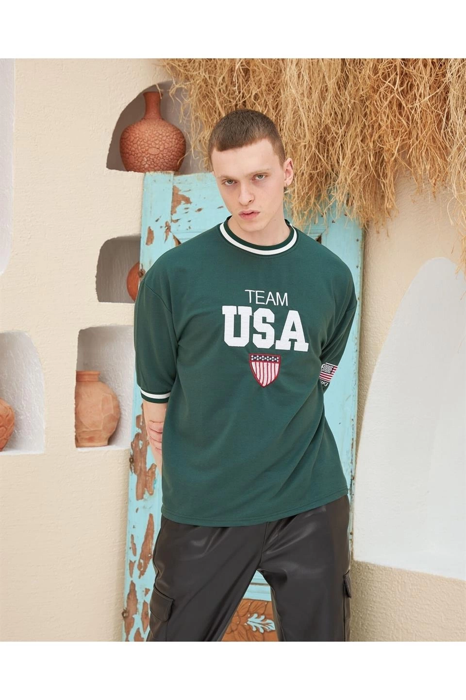 Erkek Nakış İşlemeli T-Shirt Kısa Kol Bisiklet Yaka Ovarsize Tişört - Yeşil