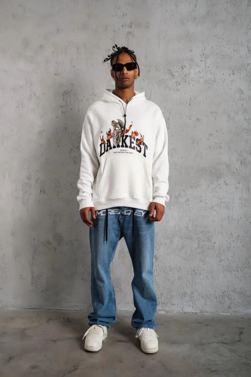 Erkek Oversize Kapüşonlu Sweatshirt Beyaz Üç İplik İçi Pamuklu Kanguru Cepli - Beyaz