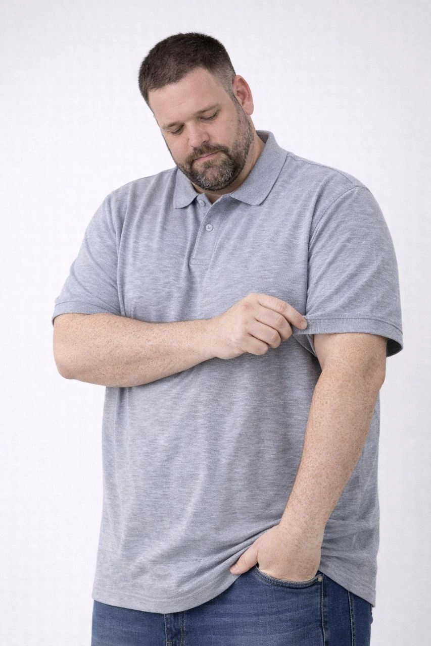 Erkek Pike Kumaş Düğmeli Yaka Battal Büyük Beden Günlük Kısa kol Tişört T-shirt - Gri