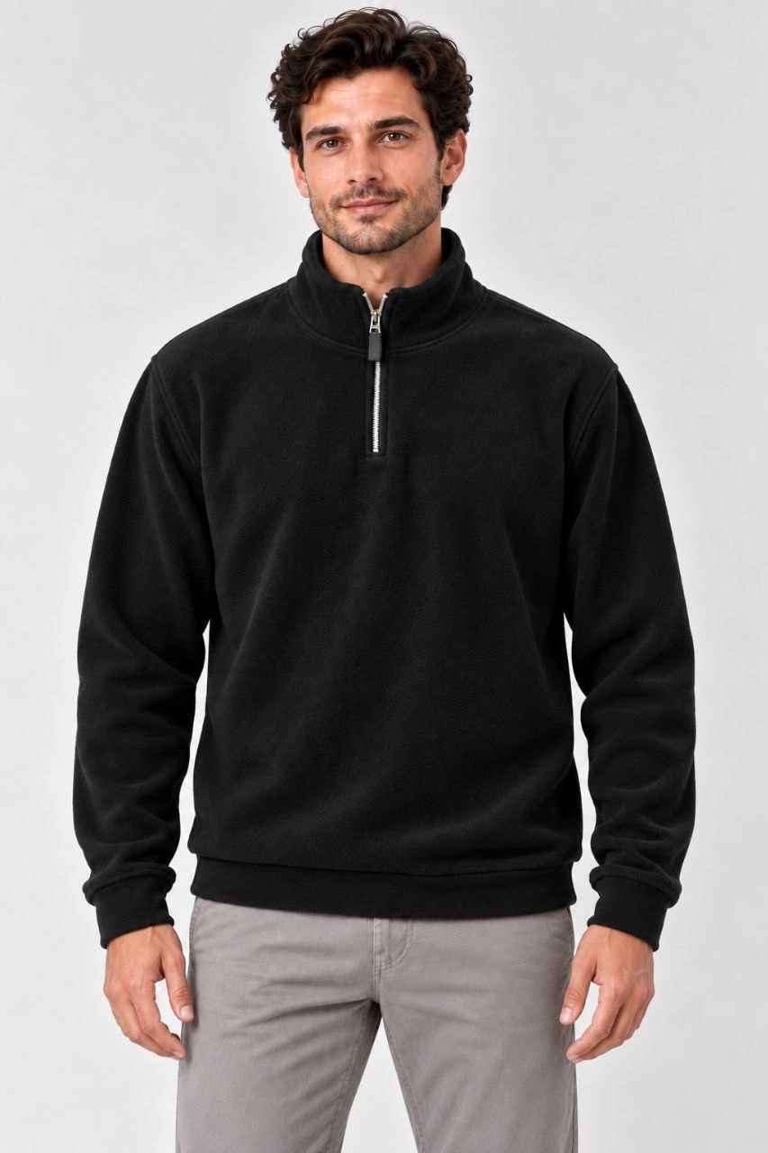 Erkek Polar Dik Yaka Yarım Fermuarlı Uzun Kollu Regular Fit Kışlık Sweatshirt - Siyah