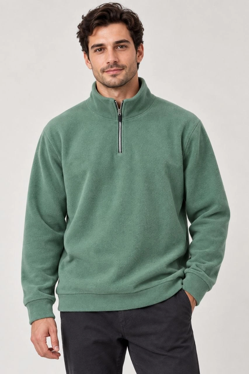 Erkek Polar Dik Yaka Yarım Fermuarlı Uzun Kollu Regular Fit Kışlık Sweatshirt - Mint Yeşili