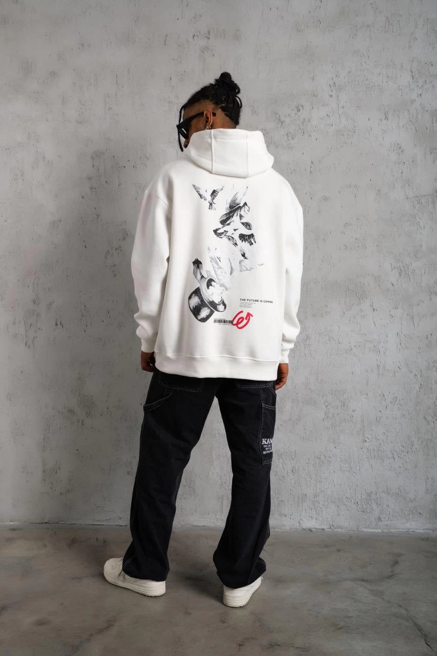 Erkek 3 İplik Pamuklu Kapüşonlu Baskılı Cepli Oversize Sweatshirt Hoodie - Beyaz