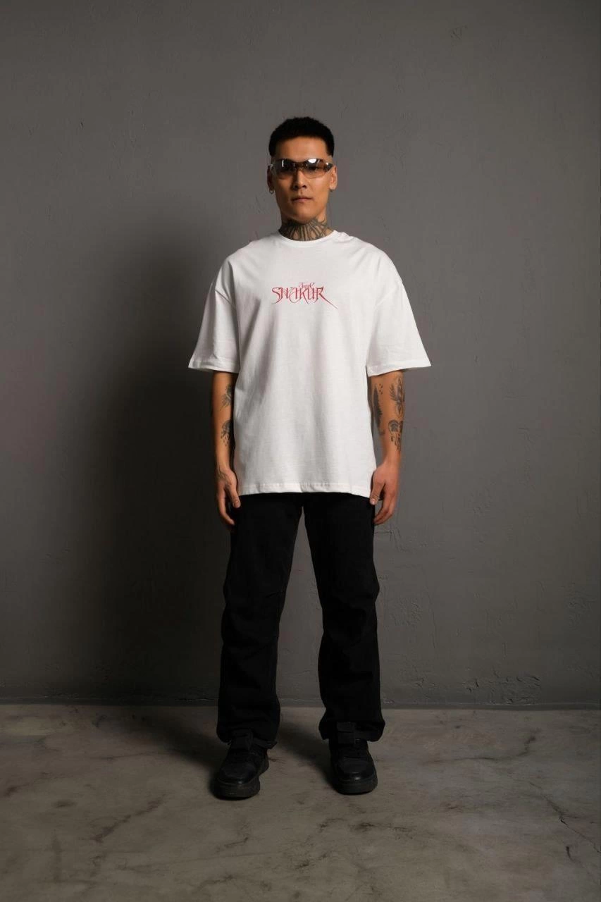 Erkek Baskılı T-Shirt Oversize Kısa kol Bisiklet yaka tişort - Beyaz