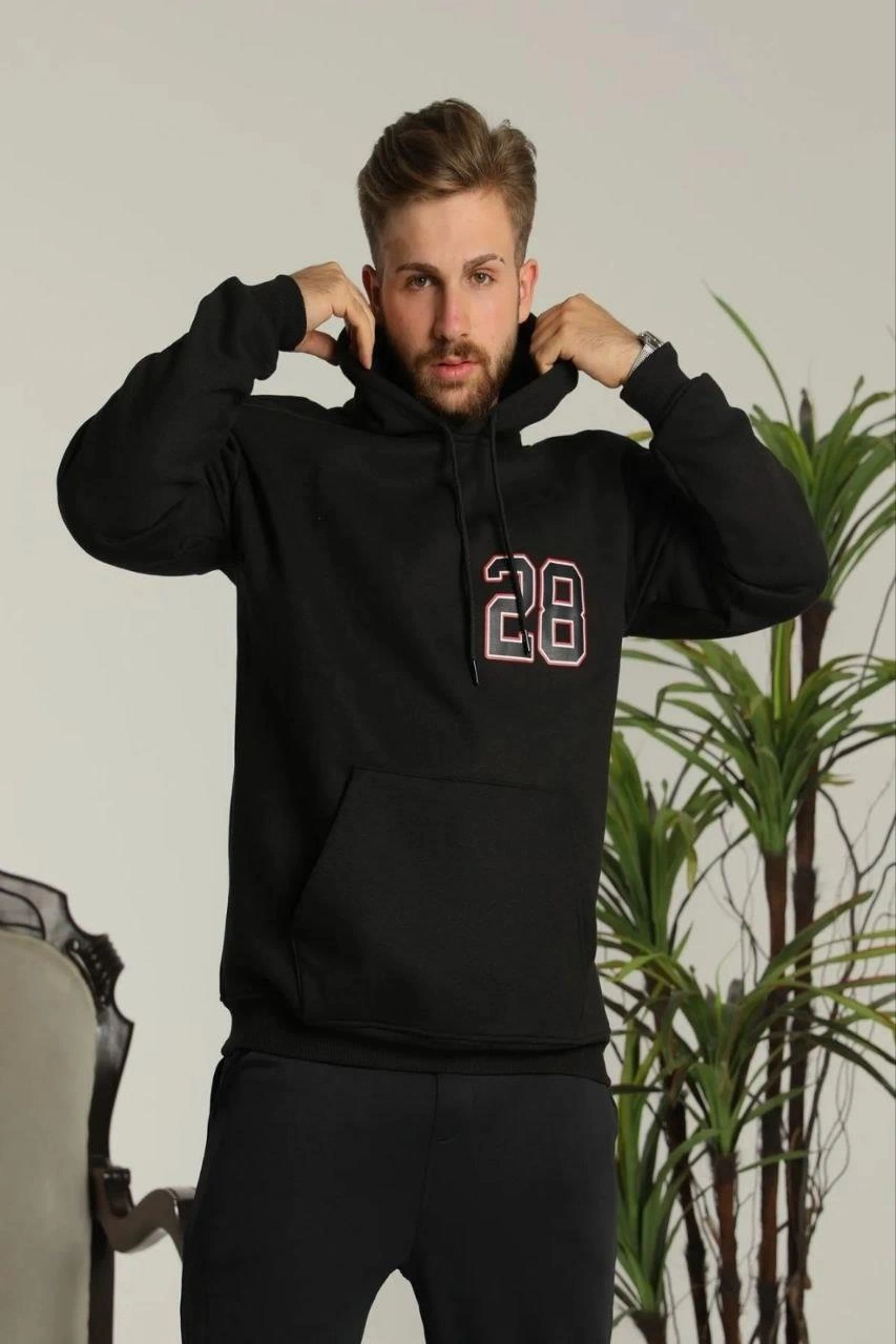 Erkek Oversize Üç İplik Kapüşonlu Sweatshirt -Sırt ve Ön Baskılı Kanguru Cepli - Siyah