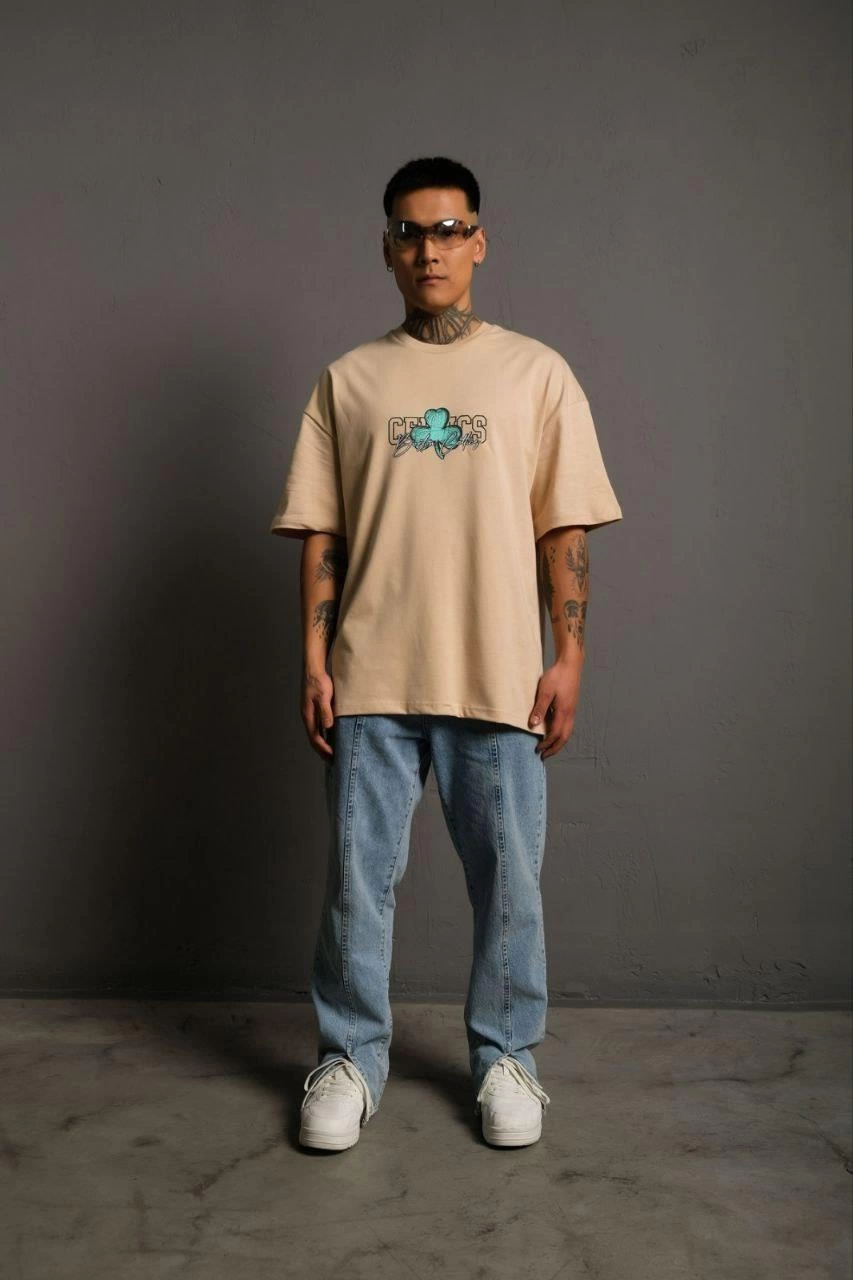 Erkek Sırt Baskılı Kısa kol T-shirt - Bej