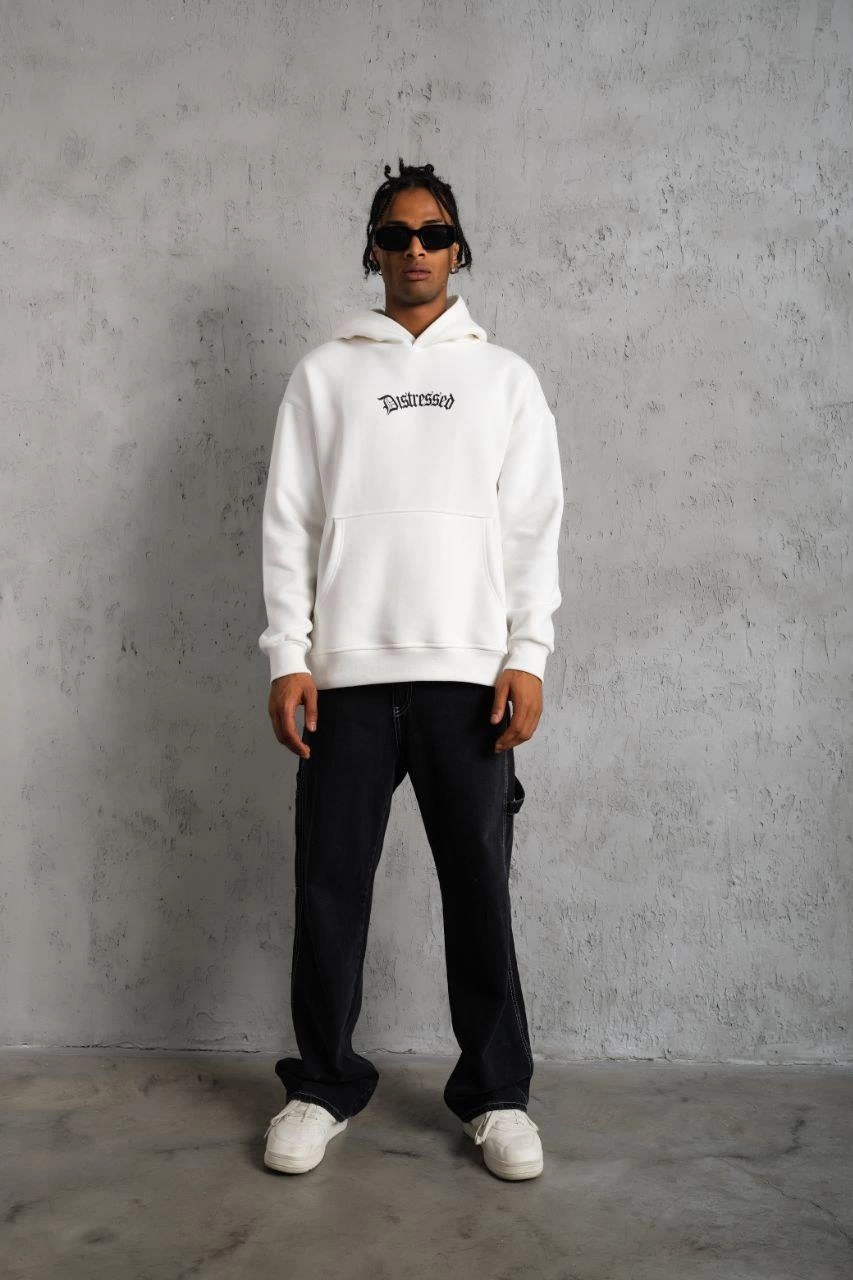 Erkek 3 İplik Pamuklu Kapüşonlu Baskılı Cepli Oversize Sweatshirt Hoodie - Beyaz