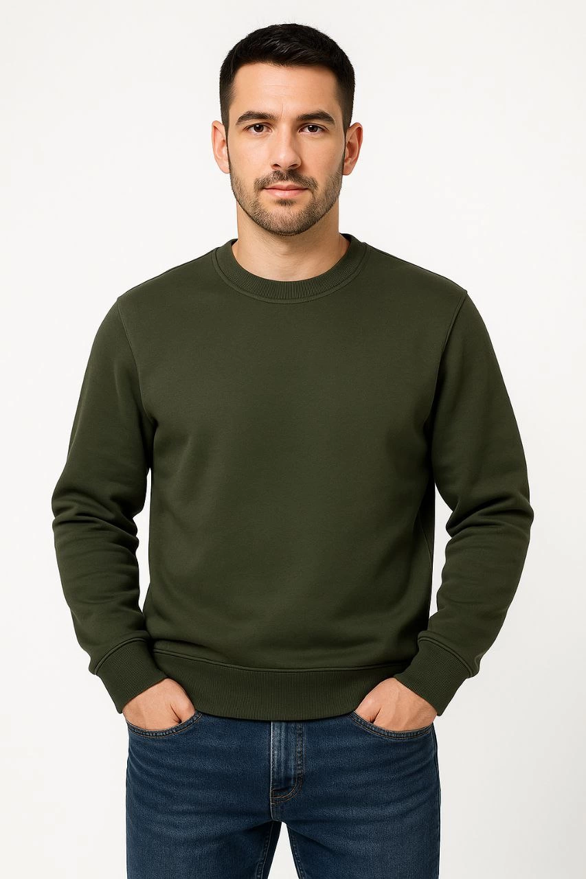 Erkek Üç İplik Pamuklu Düz Bisiklet Yaka SweatShirt - Haki
