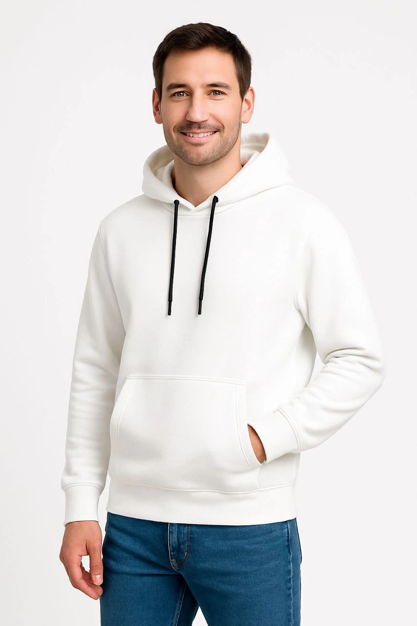 Erkek Üç İplik Pamuklu Kapüşonlu Kanguru Cepli SweatShirt hoodie - Beyaz