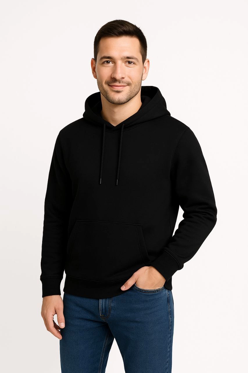 Erkek Üç İplik Pamuklu Kapüşonlu Kanguru Cepli SweatShirt hoodie - Siyah