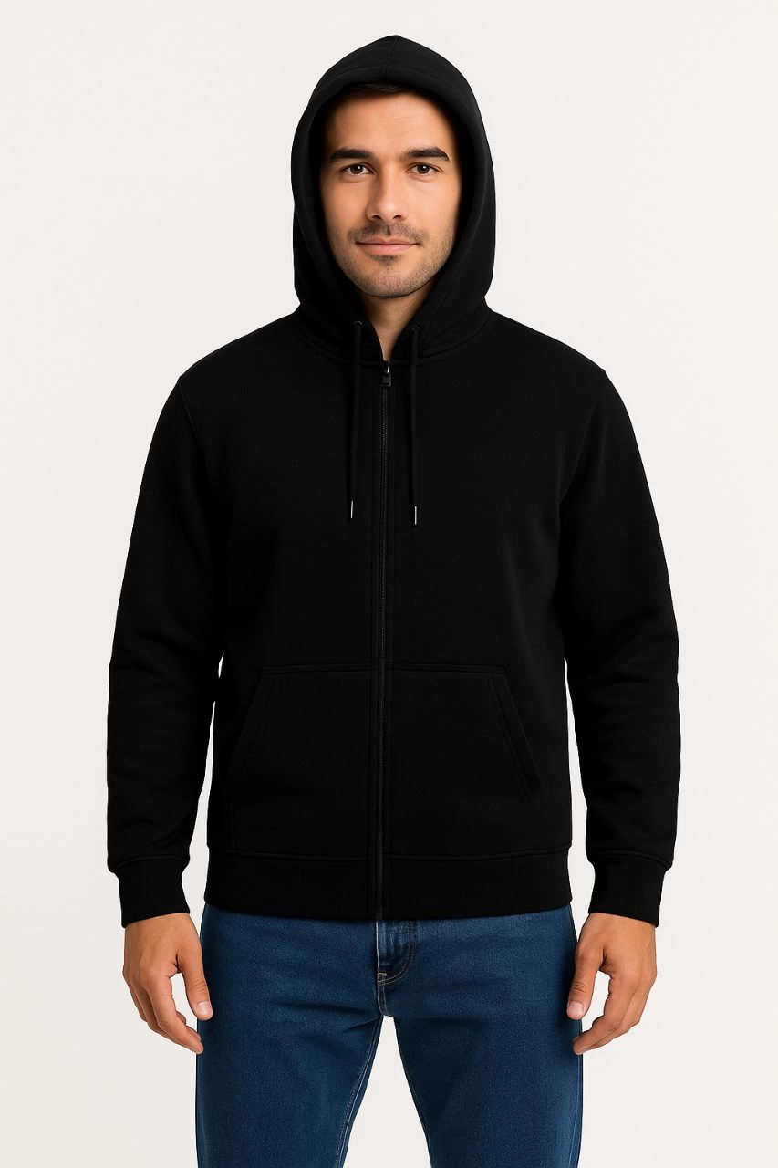 Erkek Üç İplik Pamuklu Kapüşonlu Tam Fermuarlı Kanguru Cepli Sweatshirt Hoodie - Siyah