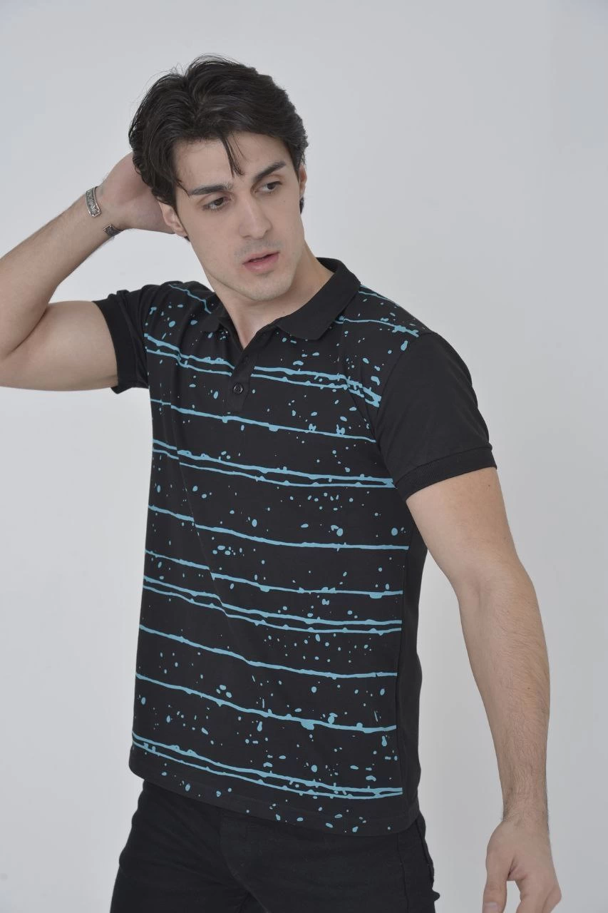 Erkek Pike Yakalı tişort Slim Fit Baskılı Kısa kol T-Shirt - Siyah