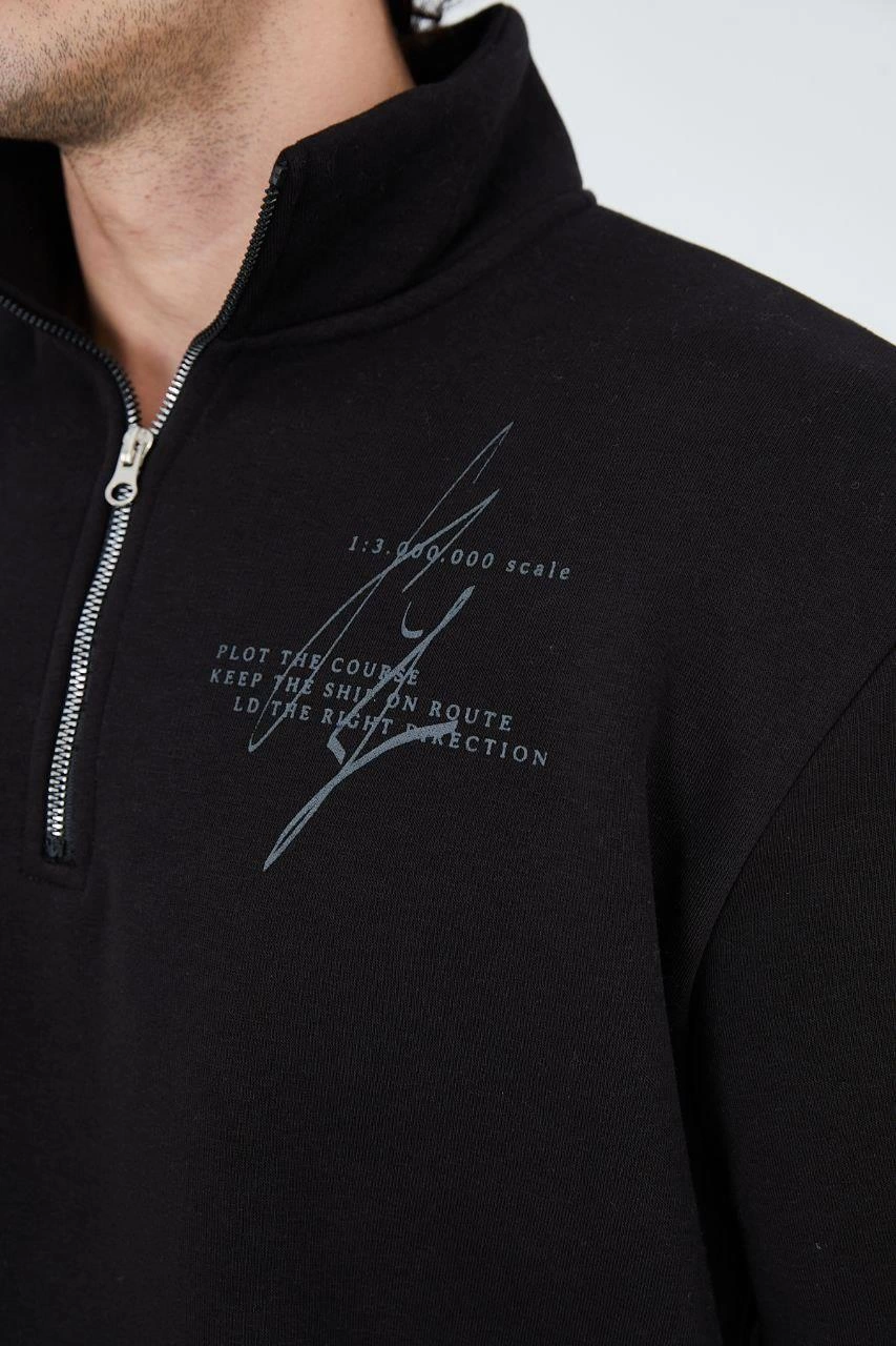 Erkek Yarım Fermuarlı Baskılı üç iplik pamuklu sweatshirt - Siyah