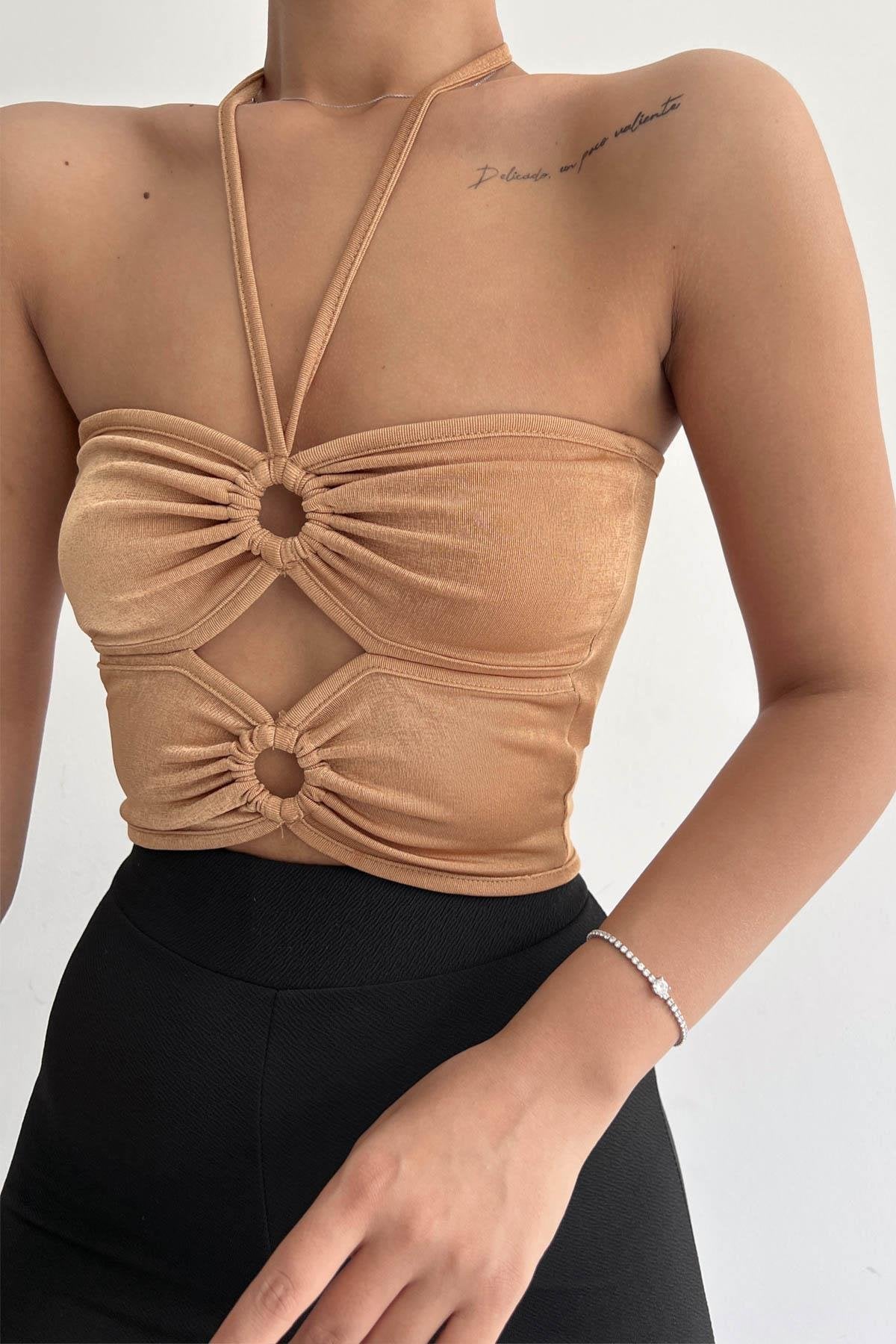 Halka Tokalı Cut Out Top Bluz Camel - 1514.9135.