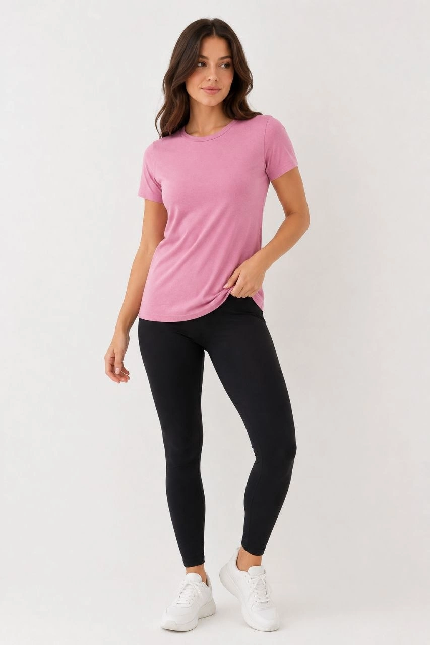 Kadın Basic Bisiklet Yaka Yazlık Slim fit T-Shirt - Pudra Pembe & Petrol Mavi