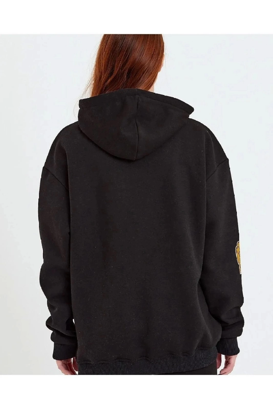 Kadın Baskılı Kapüşonlu üç iplik pamuklu Sweatshirt - Siyah