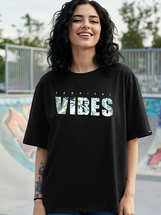 Kadın Baskılı Oversize Kısa kol T-shirt - Siyah