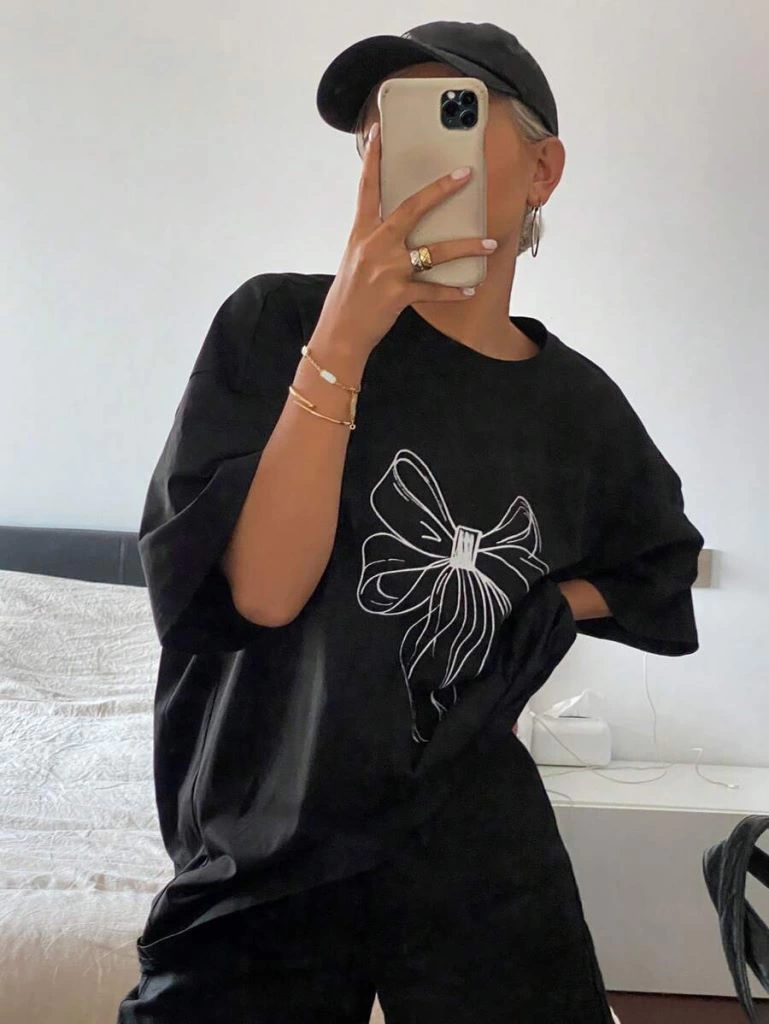 Kadın Baskılı Kısa kol Oversize T-shirt - Siyah