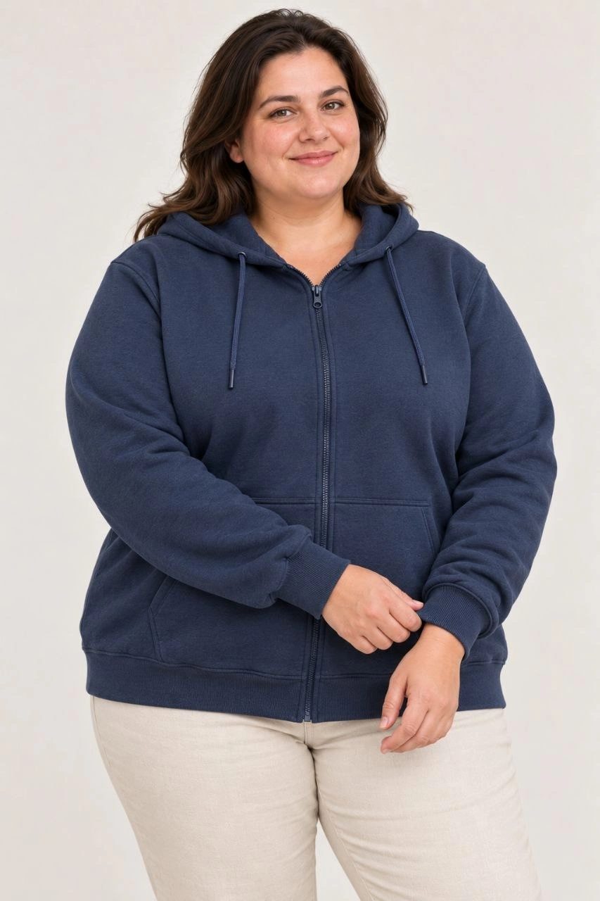 Kadın Battal Büyük Beden Üç İplik İçi Şardonlu Kapüşonlu Tam Fermuarlı Kışlık Sweatshirt - Lacivert
