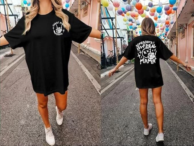Kadın Baskılı T-Shirt Kısa Kol Bisiklet Yaka Ovarsize Rahat Kalıp Tişört - Siyah