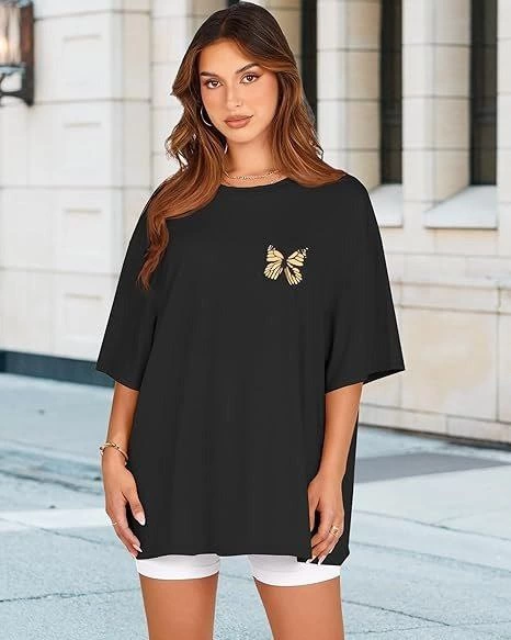 Kadın Baskılı T-Shirt Kısa Kol Bisiklet Yaka Ovarsize Rahat Kalıp Tişört - Siyah