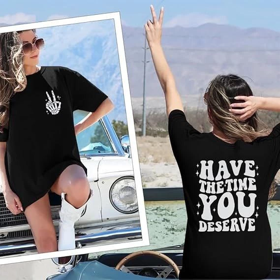 Kadın Baskılı T-Shirt Kısa Kol Bisiklet Yaka Ovarsize Rahat Kalıp Tişört - Siyah