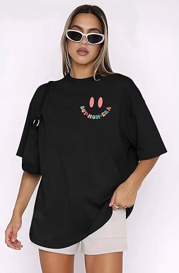Kadın Baskılı T-Shirt Kısa Kol Bisiklet Yaka Ovarsize Rahat Kalıp Tişört - Siyah