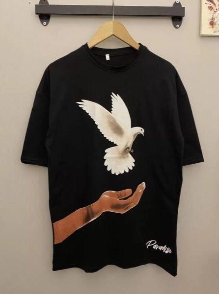 Kadın Baskılı T-Shirt Kısa Kol Bisiklet Yaka Ovarsize Rahat Kalıp Günlük Tişört - Siyah
